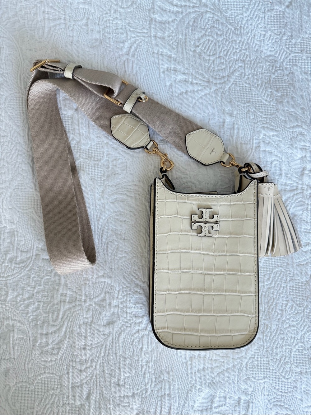 Tory Burch Cream Croc-Embossed Crossbody Phone Pouch with Wide Strap